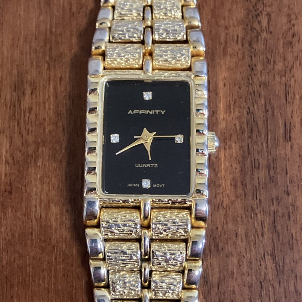 Womens Tank Watch Gold Tone Affinity Black Dial Classy Elegant Diamond 6.75" Vtg